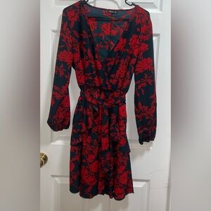 Floral Print Dress Red Black Long Sleeve Ruffle‎ Mini Party Cocktail